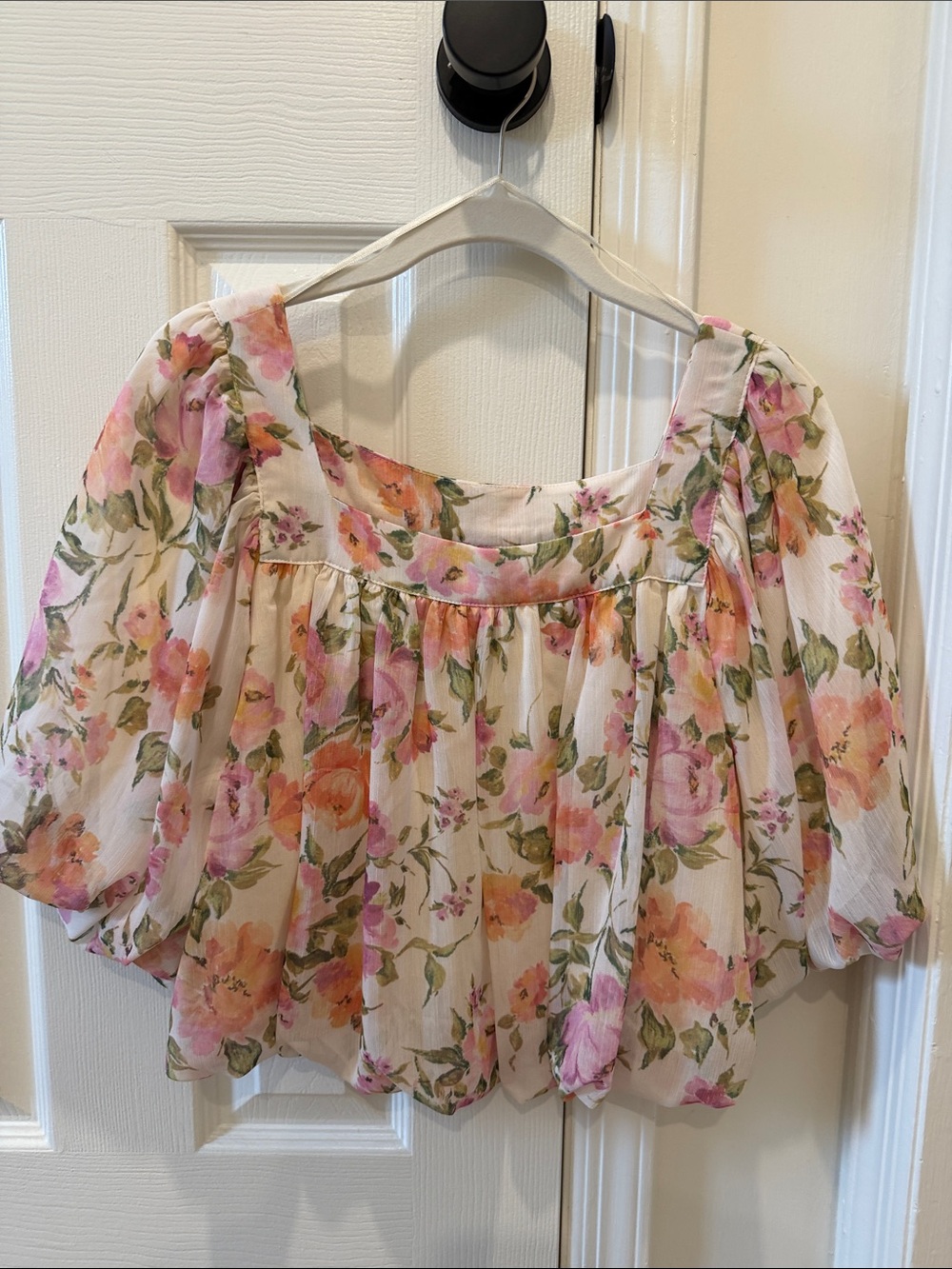 Anthropologie Floral Puff-Sleeve Peasant Top - Pink & Peach
